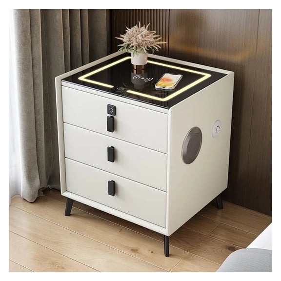 Luxurious Solid Wood Three-Drawer Smart Bedside Table Compact Bedroom Leather Accents Integrated Wireless Charging