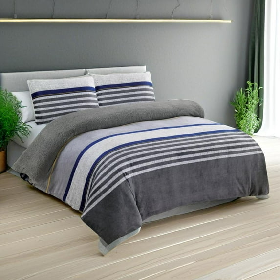 Luxurious Striped King Comforter Set - Soft and Cozy 3-Piece Bedding Set with Elegant Gray and Blue Stripes, Includes 1 Comforter and 2 Pillow Shams for Modern Home Decor