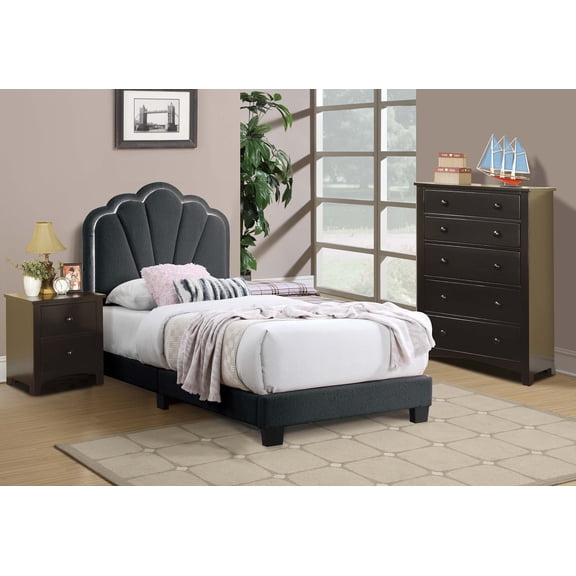 Luxurious Style Twin Size Bed Charcoal Wool Fabric Floral Design Headboard w LED Fully Upholstered Platform Bedroom Furniture