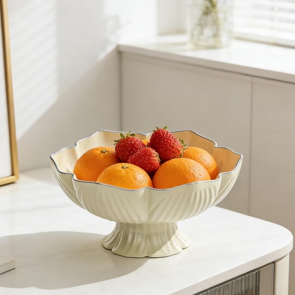 Luxurious Tall-Legged Fruit Bowl - Elegant Petal-Edge Design, Multi-Functional, Durable Food-Safe PET Plastic for Living Room, Coffee Table, and Snack Display White