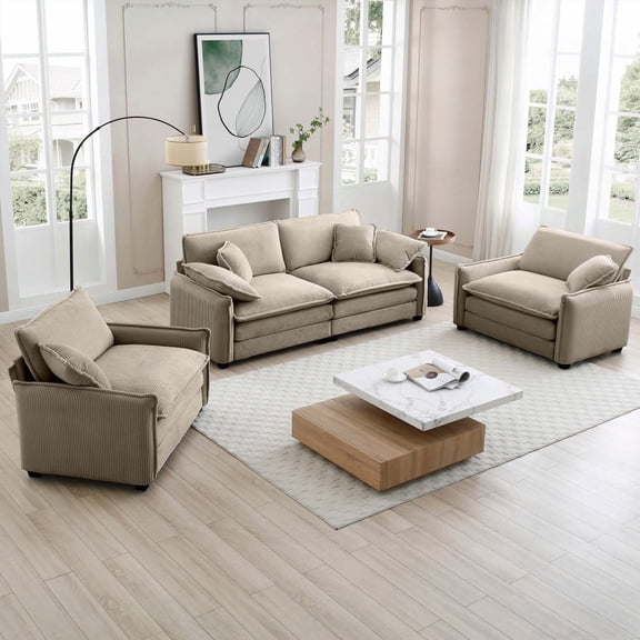 Luxurious Tan Corduroy Sofa Set - Soft Cushions & Retro Style