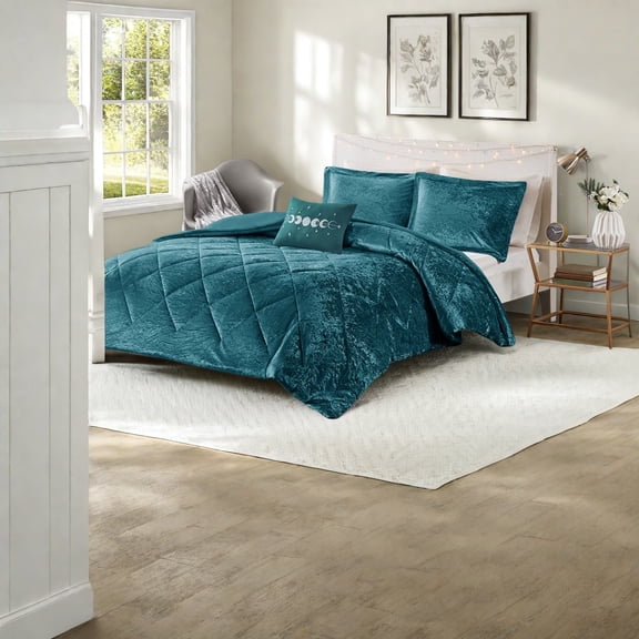 Luxurious Teal Velvet Bedding Set Modern Design with Throw Pillow King/Cal King Size