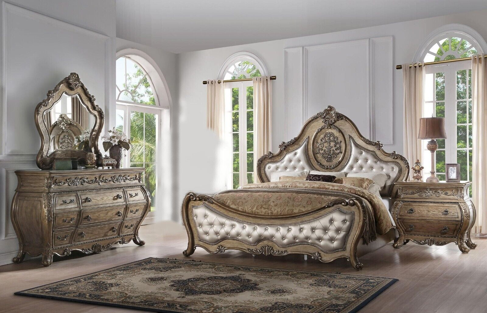 Luxurious Traditional Design 4pc set Est King Bed Nightstand Dresser Mirror Formal Bedroom Furniture Vintage Oak Finish