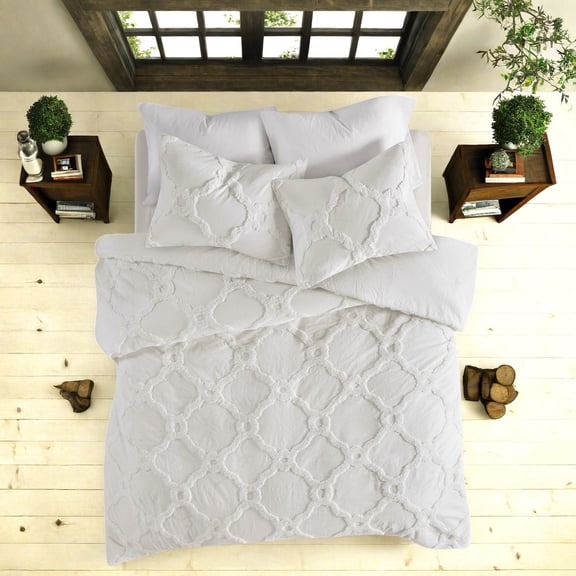 Luxurious Tufted Cotton Chenille Bedding Sets OffWhite Full/Queen Comforter with Geometric Design