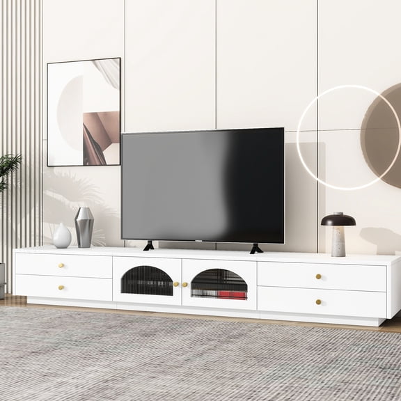 Luxurious Tv Cabinet With Fluted Glass In White. Tempered Shelf, For 95" Tvs, Sumptuous Style Elegant Doors Stand Fits Tvs Up To 95", Storage Solution