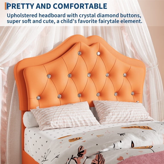 Luxurious Twin Upholstered Princess Bed Frame with LED Lights - Crystal Button Headboard, Storage Drawers, Noise-Free Slats, No Box Early Season Needed - Soft Platform - Size: Twin, Color: Orange