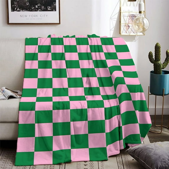 Luxurious Ultra-Soft Flannel Throw Blanket in Modern Green & Pink Checkered Design - Cozy All-Season Comfort for Sofa & Bed, Ideal Gift for Holidays & Birthdays