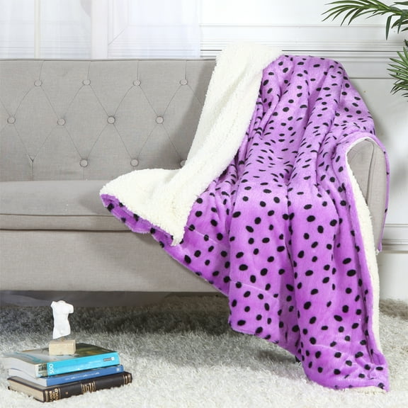 Luxurious Ultra Soft Throw Blanket with Super Cozy Sherpa on backside, Purple w/ Black Polka Dots 50”x 61”