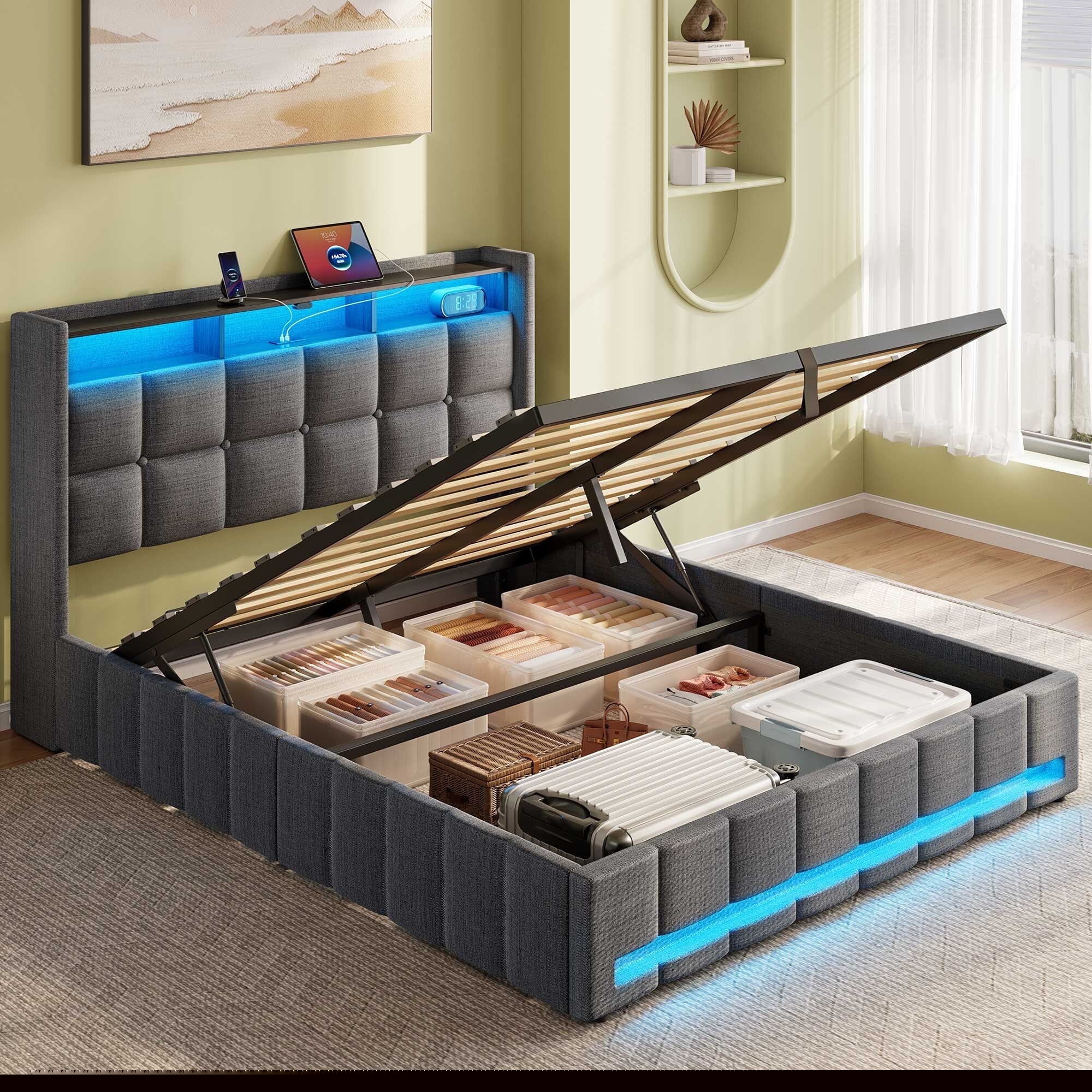 Luxurious Upholstered Twin Bed with Storage, Charging Station, and LED Lights for Bedroom Organization and Modern Style Enhancement, Beige