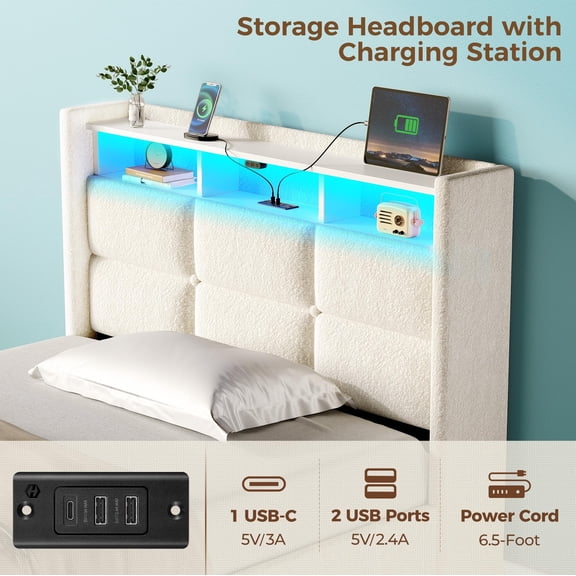 edx Upholstered Lift Up Storage Bed with LED Lights & USB Charging Station, Twin Size Platform Bed Frame with Underbed Storage, No Box Spring Needed, Wood Slat Support, Beige