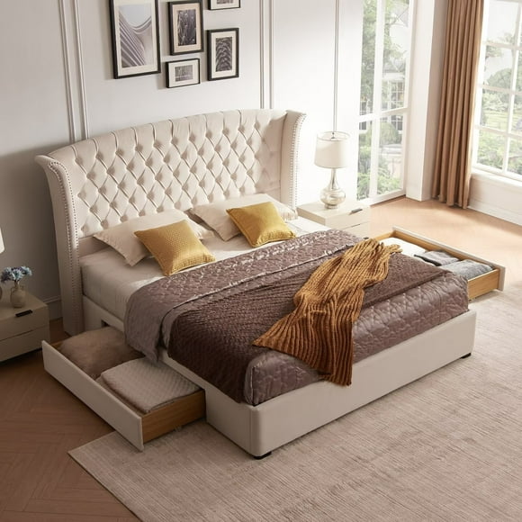 Luxurious Upholstered Wingback Storage Platform Bed with 60 inch High Headboard, Premium Linen, Dual Storage Drawers, and Sprung Slats-KING CREAM