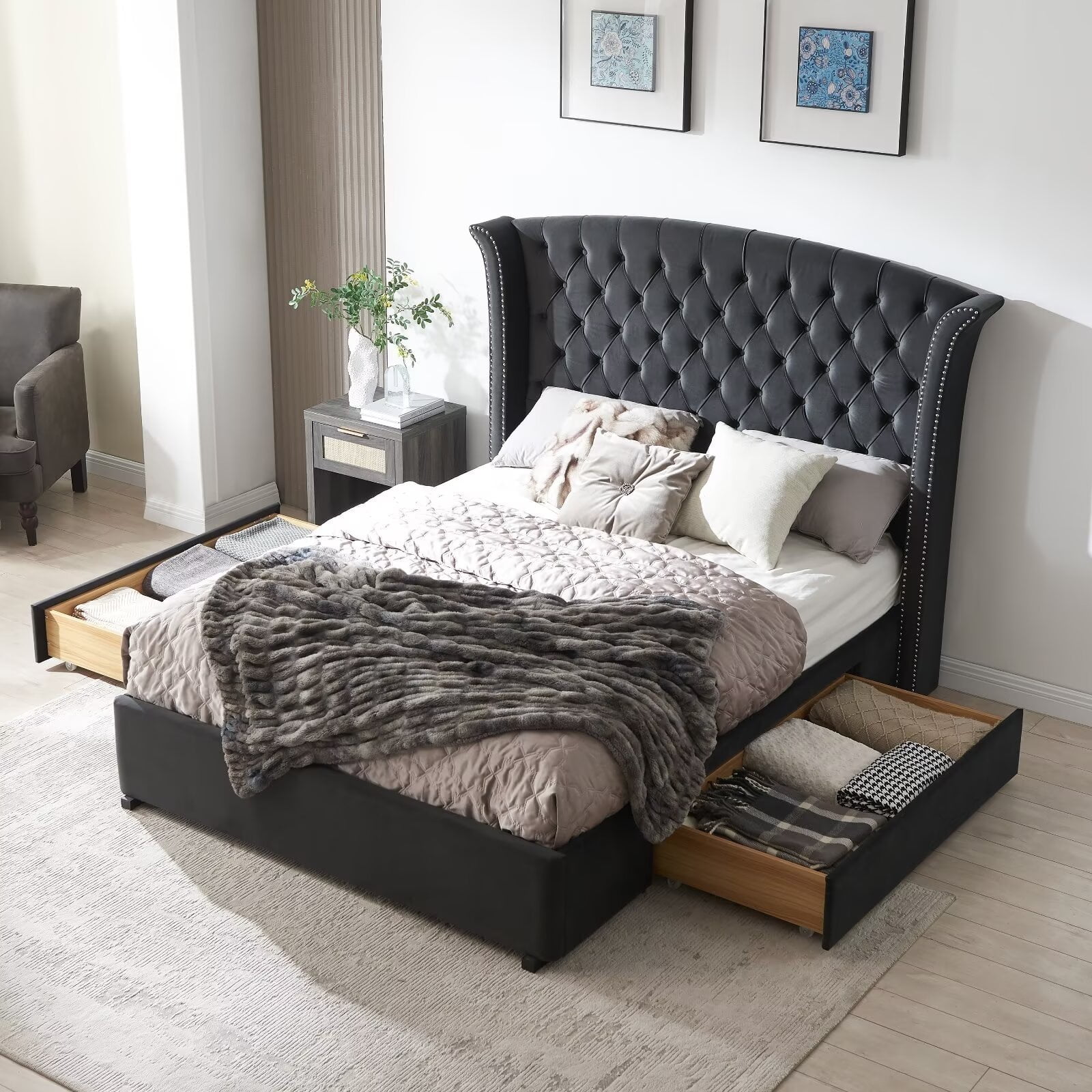 Luxurious Upholstered Wingback Storage Platform Bed with 60