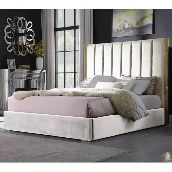 Luxurious Velvet California King Platform Bed Frame, Gold Accent Bed, Beige
