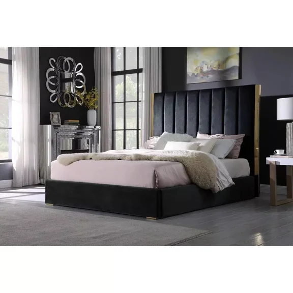 Luxurious Velvet California King Platform Bed Frame, Gold Accent Bed, Black