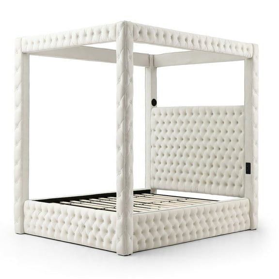 Luxurious Velvet Canopy King Bed with Speaker and USB Connection in Cream