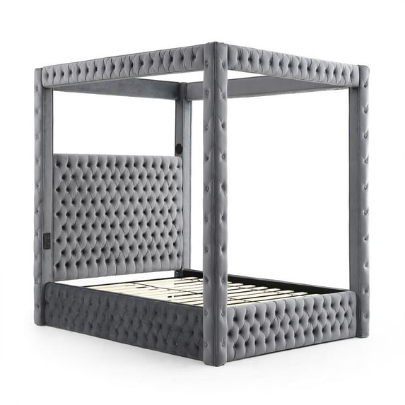 Luxurious Velvet Canopy King Bed with Speaker and USB Connection in Gray