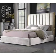 Luxurious Velvet Eastern King Platform Bed Frame, Gold Accent Bed, Beige