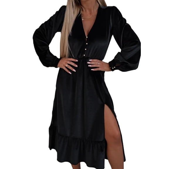 Luxurious Velvet Formal Midi Dress - V Neck with Puff Sleeves and Split Hemline - [ZhiHiMeRi] | (US 8-10)M
