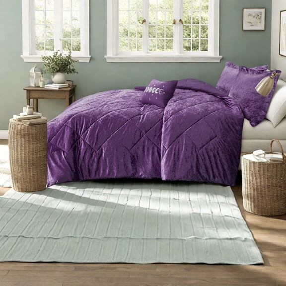 Luxurious Velvet King/Cal King Bedding Set Purple Crushed Polyester Glamorous Bedroom Comfort