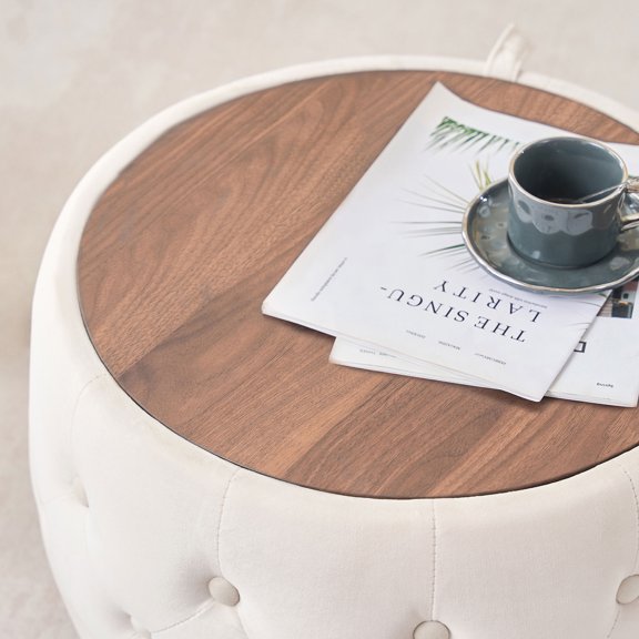 Luxurious Velvet Nesting Ottomans 2-Piece Set with Wood, Beige / Velvet