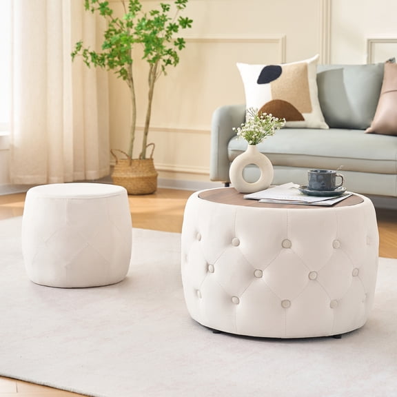 Luxurious Velvet Nesting Ottomans of 2, 4-in-1  Function, Round Storage Foot Stool with Wood Tray, No Assembly Needed