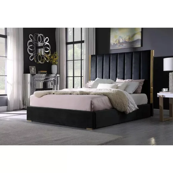 Luxurious Velvet Queen Platform Bed Frame, Gold Accent Bed, Black
