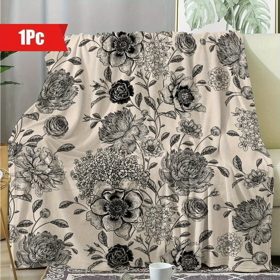 Luxurious Vintage Floral Print Flannel Blanket - Ultra-Soft, Thick Micro Fleece Throw, Perfect for Sofa, Bed, Office, and Travel - Cozy All-Season Gift, White with Elegant Black and Gray Flowers
