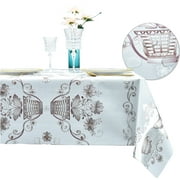 Luxurious Vinyl Rectangular Tablecloth with Stamping Gold, Waterproof Wipeable Plastic Cover for OutDoor and Home Kitchen, Floral Basket Patterns, 55 x 72 Inch Oblong