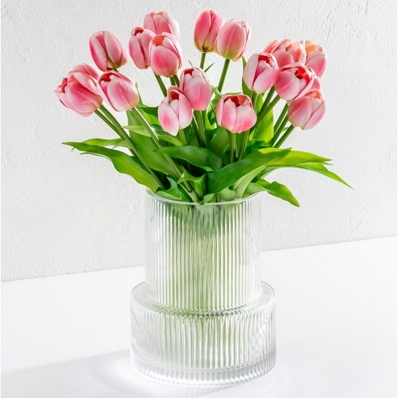 Luxurious Washable Ribbed Glass Round Tabletop Vase with 20 Realistic Pink Tulips