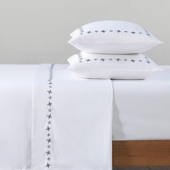 Luxurious White Embroidered Sheets - 80s Ultra Soft Yarn, High End Hotel Quality Sateen Bedding for Size Bed with 16'' Deep Pocket, Blue Daisy Design