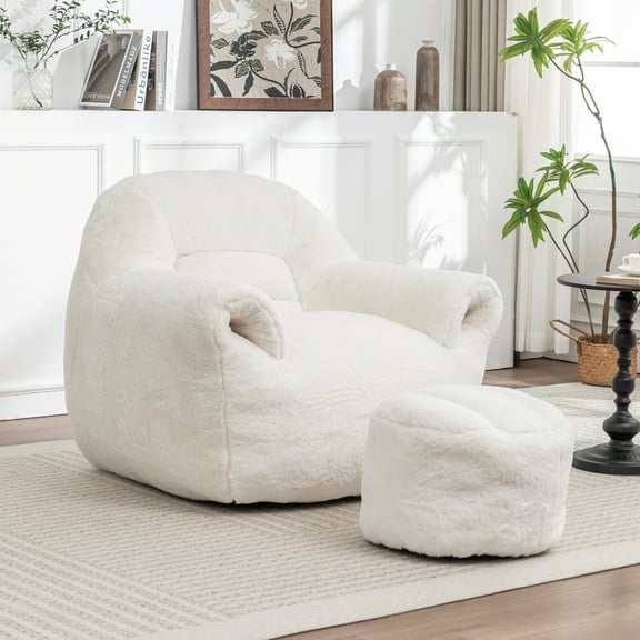 Luxurious White Faux Fur Bean Bag Chair with Back Support & Footstool: Plush Shredded Foam Filled Comfy Floor Sofa for Living Room, Bedroom, Apartment