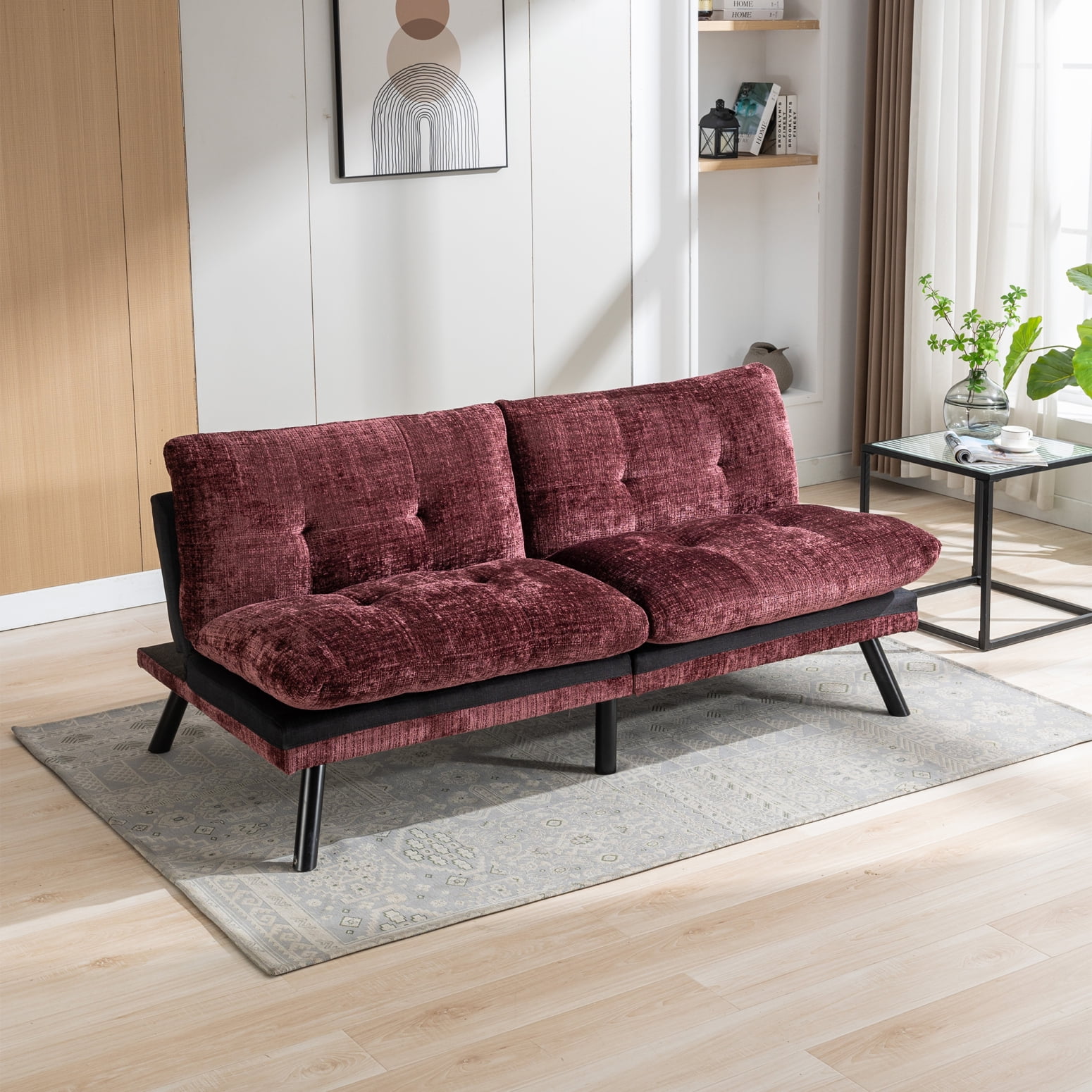 Luxurious Wine Red Convertible Sofa Bed Chenille Loveseat Futon for