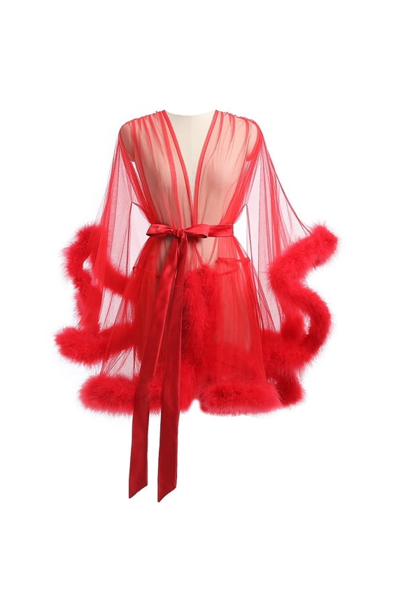 Luxurious Women's See Through Mesh Kimono Robe Furry Trim Long Sleeve Chemise Dressing Gown Sheer Lingerie Sleepwear