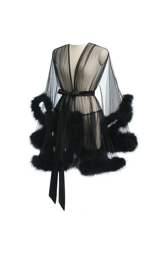 Luxurious Women's See Through Mesh Kimono Robe Furry Trim Long Sleeve Chemise Dressing Gown Sheer Lingerie Sleepwear
