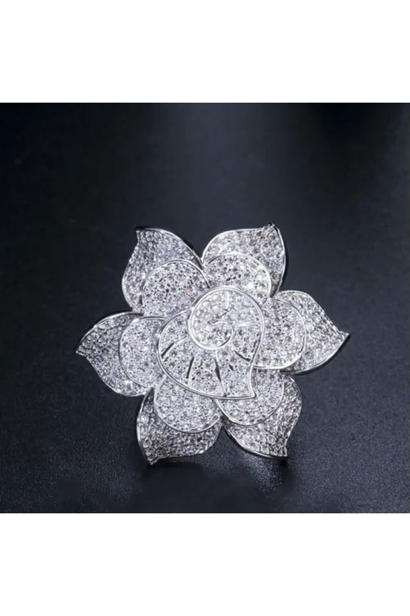 Luxurious Yellow Gold Plated Cubic Zirconia Large Flower Engagement Finger Ring