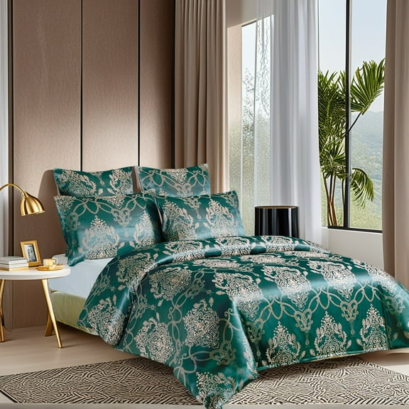 Luxurious court-style floral quilt cover three-piece set, green satin jacquard bedding, anti-allergy cool material, breathable, soft and comfortable, providing a hotel-like peaceful sleep