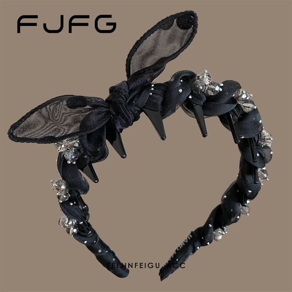 Luxurious and sophisticated rabbit ear crystal hairband with teeth for women, heightening the crown of the head to make the face look smaller, versatile mesh headband.