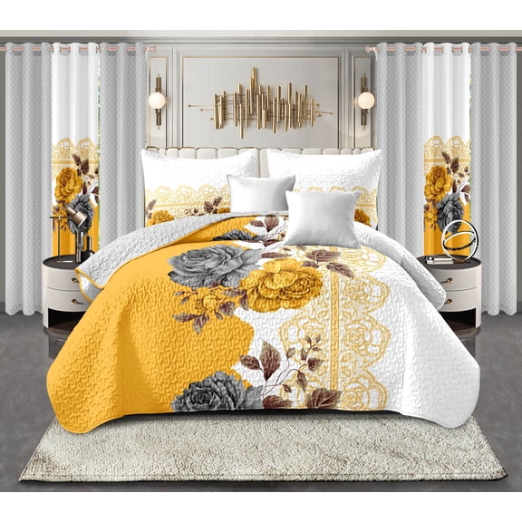Luxurious yellow flower five-piece quilt set, 100% bamboo fiber polyester fiber,Cal King size , includes 2 pillowcases and 2 cushion covers, elegant rose pattern bedroom decoration bedding set