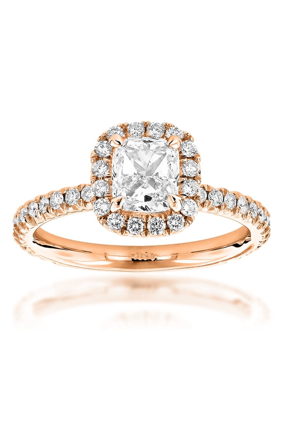 GIA Cushion Cut Natural Diamond Engagement Ring 14K Halo Design (Rose Gold Size 5.5)