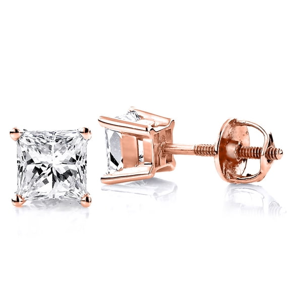 Luxurman Ladies 18k Solitaire Princess Cut Natural 0.75 Ctw Diamond Stud Earrings For Her (Rose Gold)