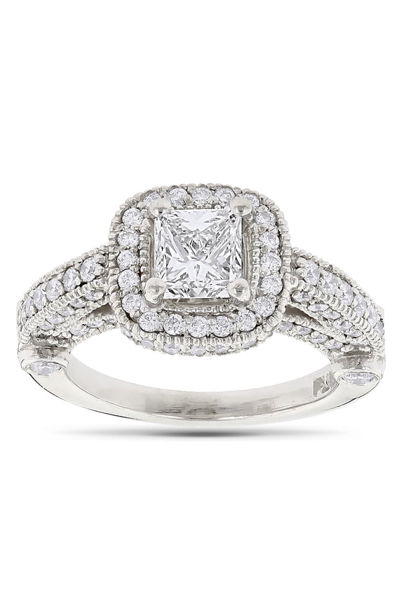 Ladies Halo Princess Cut and Round Natural Diamond Platinum Engagement Ring (Size 4.5)