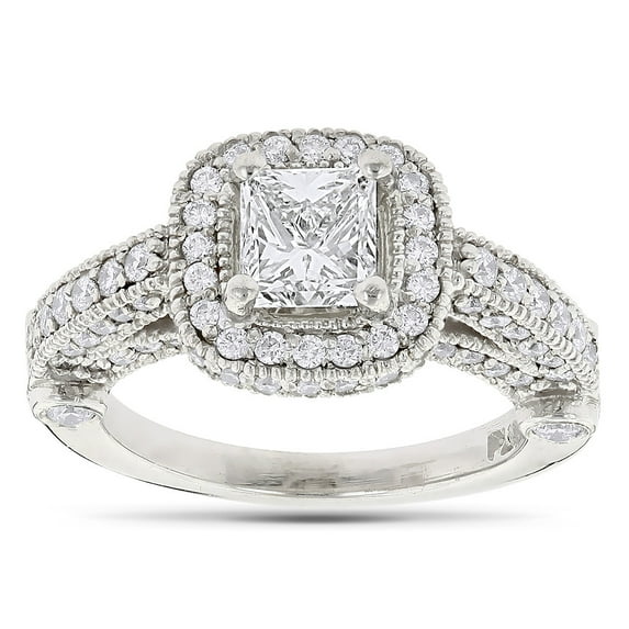 Luxurman Ladies Halo Princess Cut and Round Natural Diamond Platinum Engagement Ring (Size 7.5)
