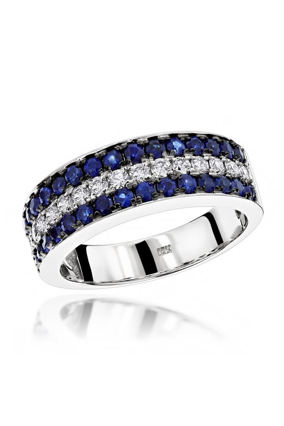 Unique 3 Row Sapphire and Diamond Wedding Band 10K Ring (White Gold Size 9.5)