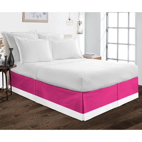 Luxury 1 Piece Split Corner Two Tone Tailored Bed Skirt, Full Size 15 Inch Deep Pocket, 100% Egyptian Cotton, 800 Thread Count, Solid White/Hot Pink Color.