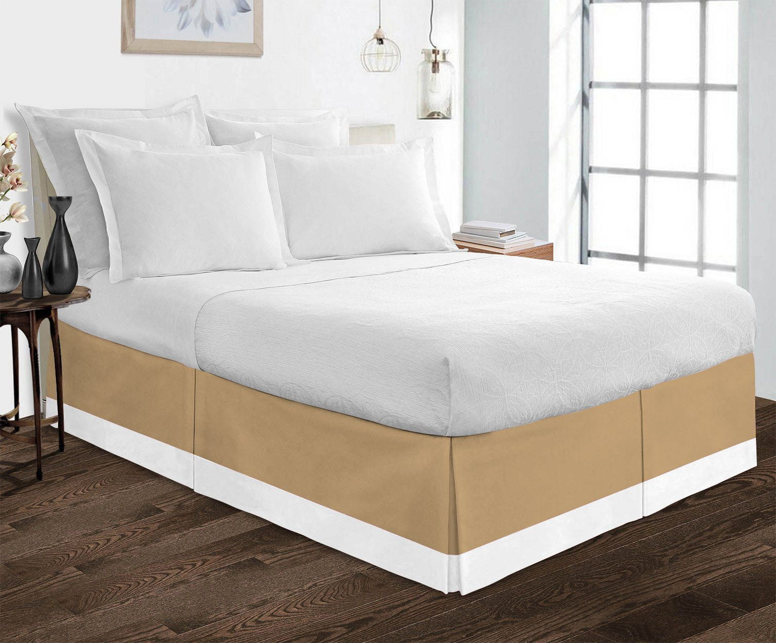 Luxury 1 Piece Split Corner Two Tone Tailored Bed Skirt, King Size 10 Inch Deep Pocket, 100% Egyptian Cotton, 800 Thread Count, Solid White/Taupe Color.