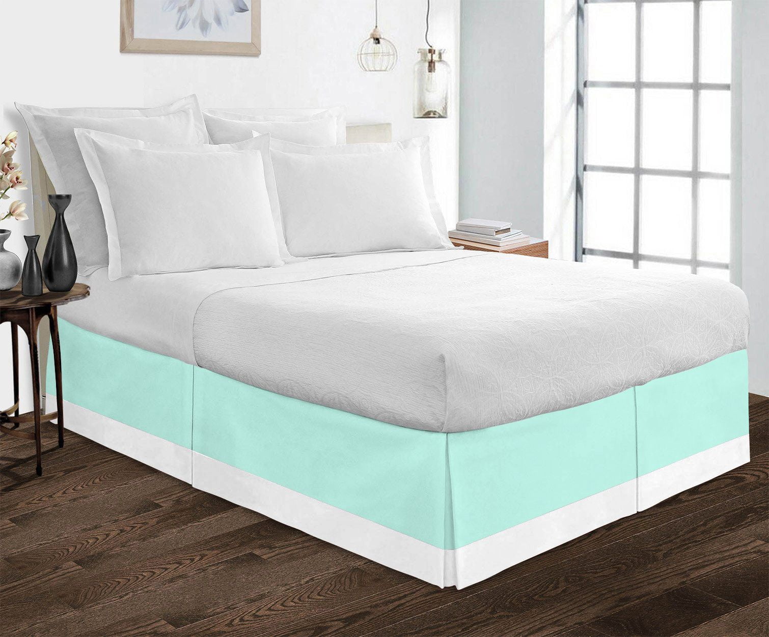 Luxury 1 Piece Split Corner Two Tone Tailored Bed Skirt, King Size 12 Inch Deep Pocket, 100% Egyptian Cotton, 800 Thread Count, Solid White/Aqua Blue Color.