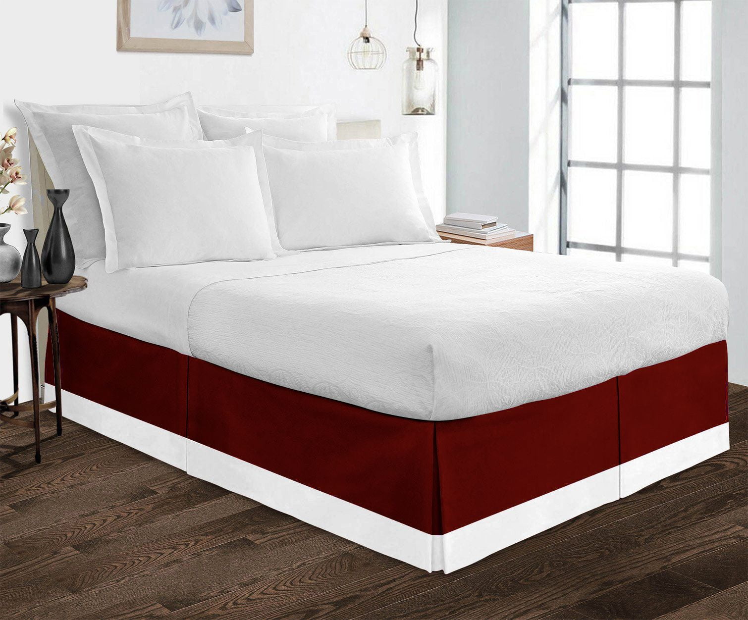 Luxury 1 Piece Split Corner Two Tone Tailored Bed Skirt, King Size 12 Inch Deep Pocket, 100% Egyptian Cotton, 800 Thread Count, Solid White/Burgundy Color.