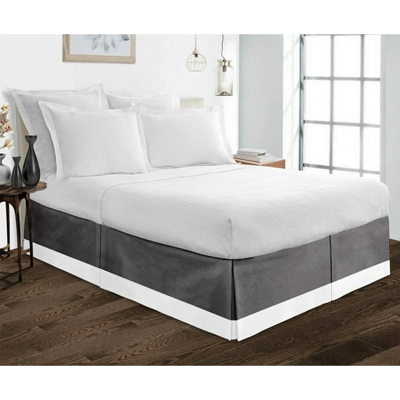 Luxury 1 Piece Split Corner Two Tone Tailored Bed Skirt, Queen Size 18 Inch Deep Pocket, 100% Egyptian Cotton, 800 Thread Count, Solid White/Dark Grey Color.