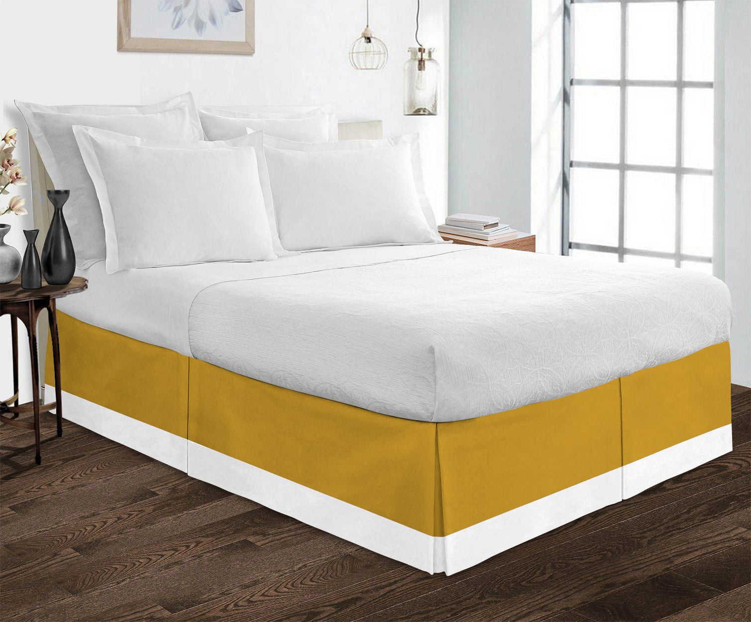 Luxury 1 Piece Split Corner Two Tone Tailored Bed Skirt, Queen Size 21 Inch Deep Pocket, 100% Egyptian Cotton, 800 Thread Count, Solid White/Gold Color.