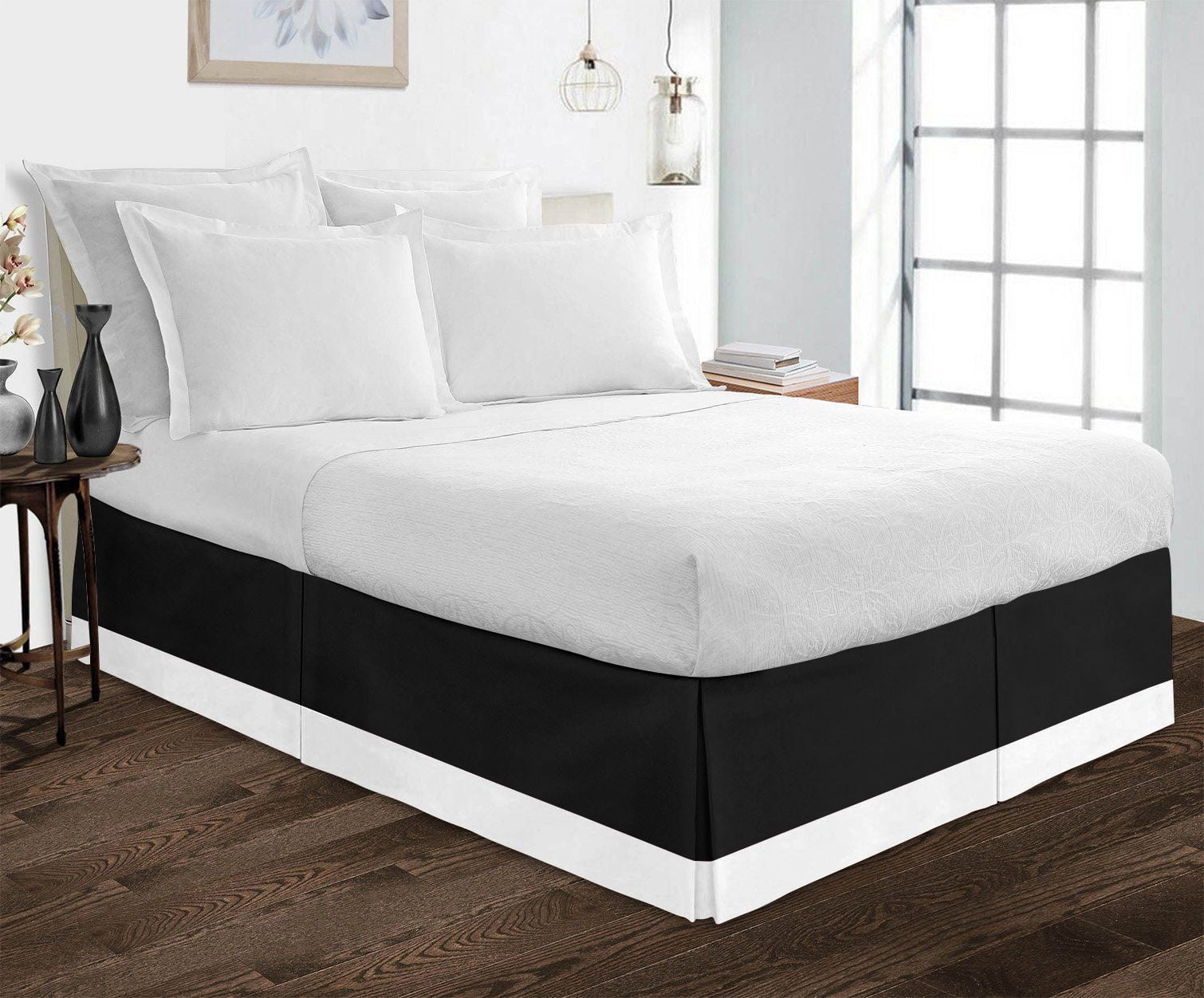 Luxury 1 Piece Split Corner Two Tone Tailored Bed Skirt, Queen Size 24 Inch Deep Pocket, 100% Egyptian Cotton, 800 Thread Count, Solid White/Black Color.